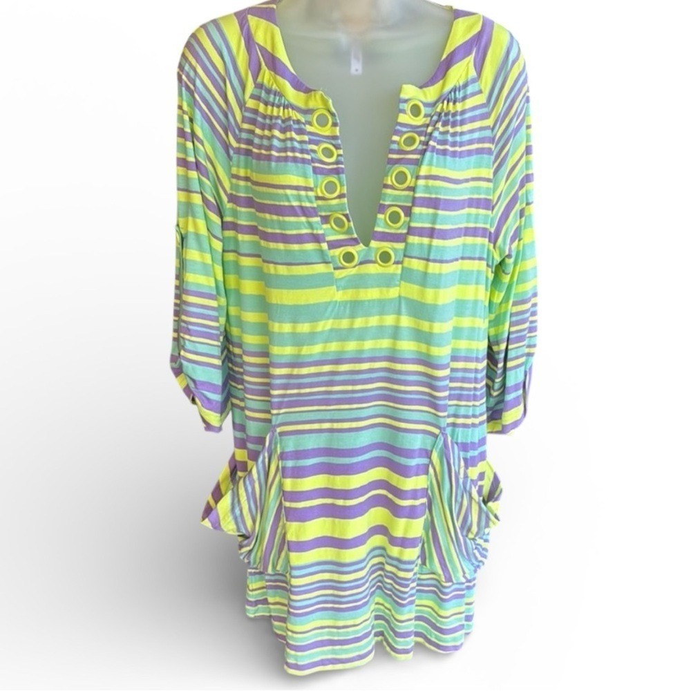 Nanette Lepore Swim Striped Grommet V-Neck Cover Up Dress Green Purple M